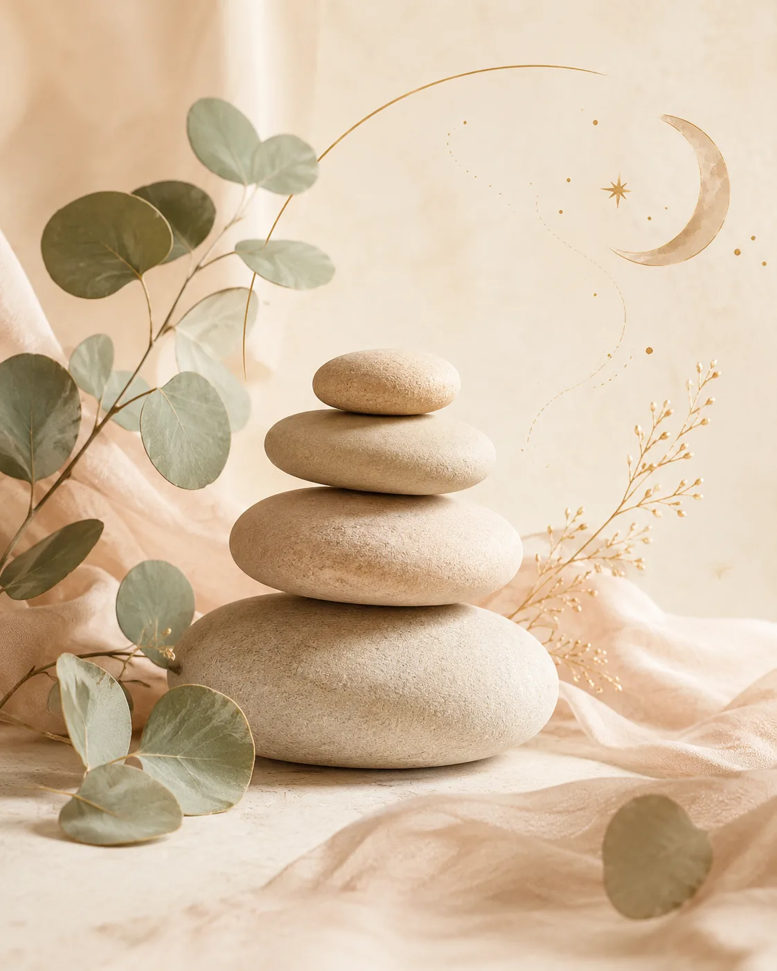 Composition zen décorative avec galets, feuilles et lumière douce
